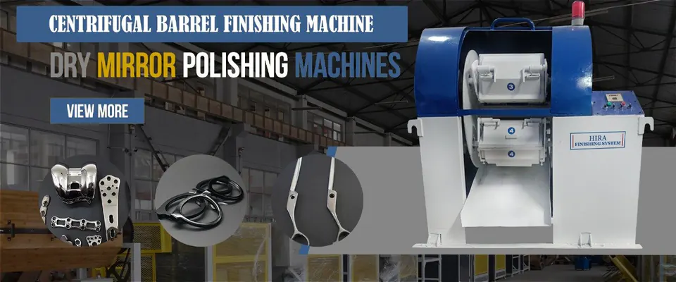 Banner: Centrifugal barrel finishing machine – dry mirror polishing machines, with mirror-polished parts