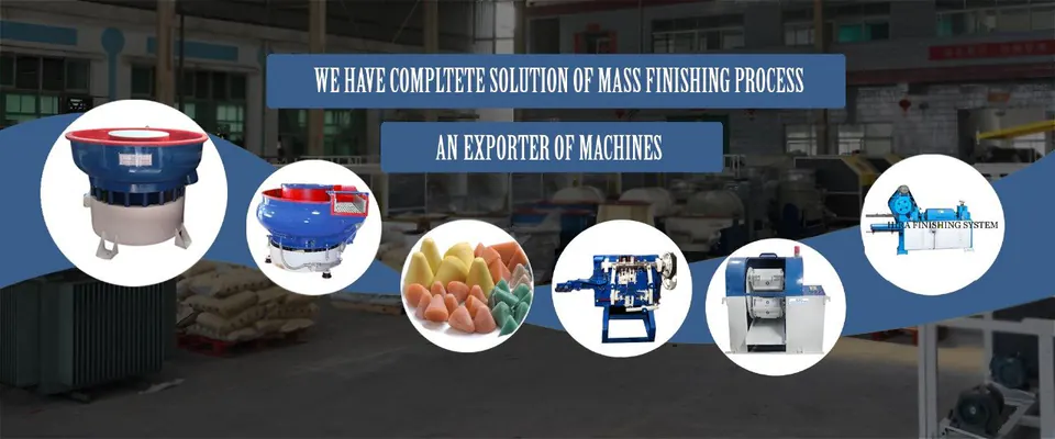 Banner: We have complete solution of mass finishing process – an exporter of machines. Shows vibratory bowls, plastic media, wire machines and a centrifugal finishing machine