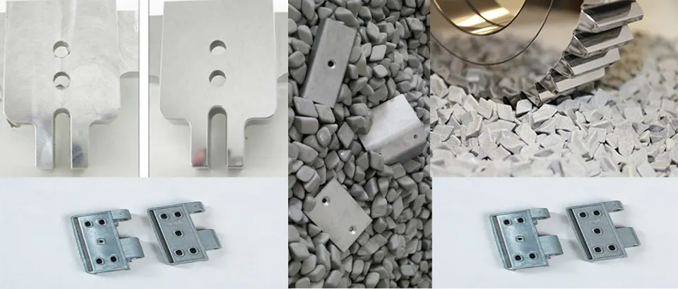 Metal parts before and after mass finishing, shown with ceramic finishing media