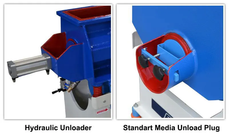 AT-TV-A tub vibrator unloading options: hydraulic unloader and standard media unload plug
