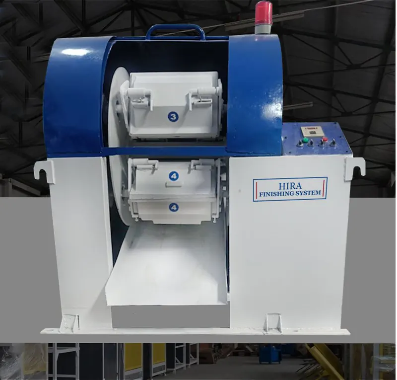 Hira AT-CM series centrifugal barrel finishing machine with blue hood and four barrels